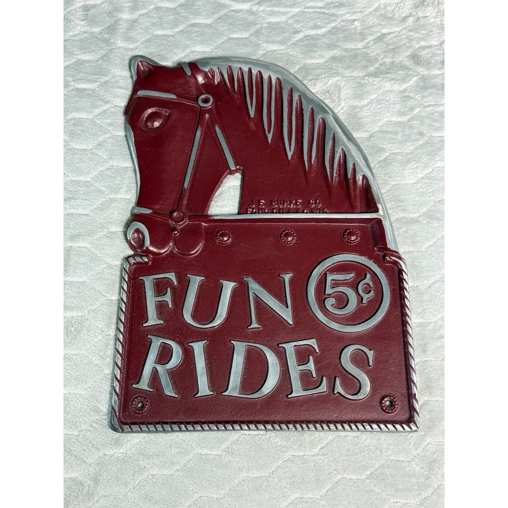 Vintage J.E. Burke Co Cast Iron Playground Sign Fun Rides 5 Cent Horse Head Red